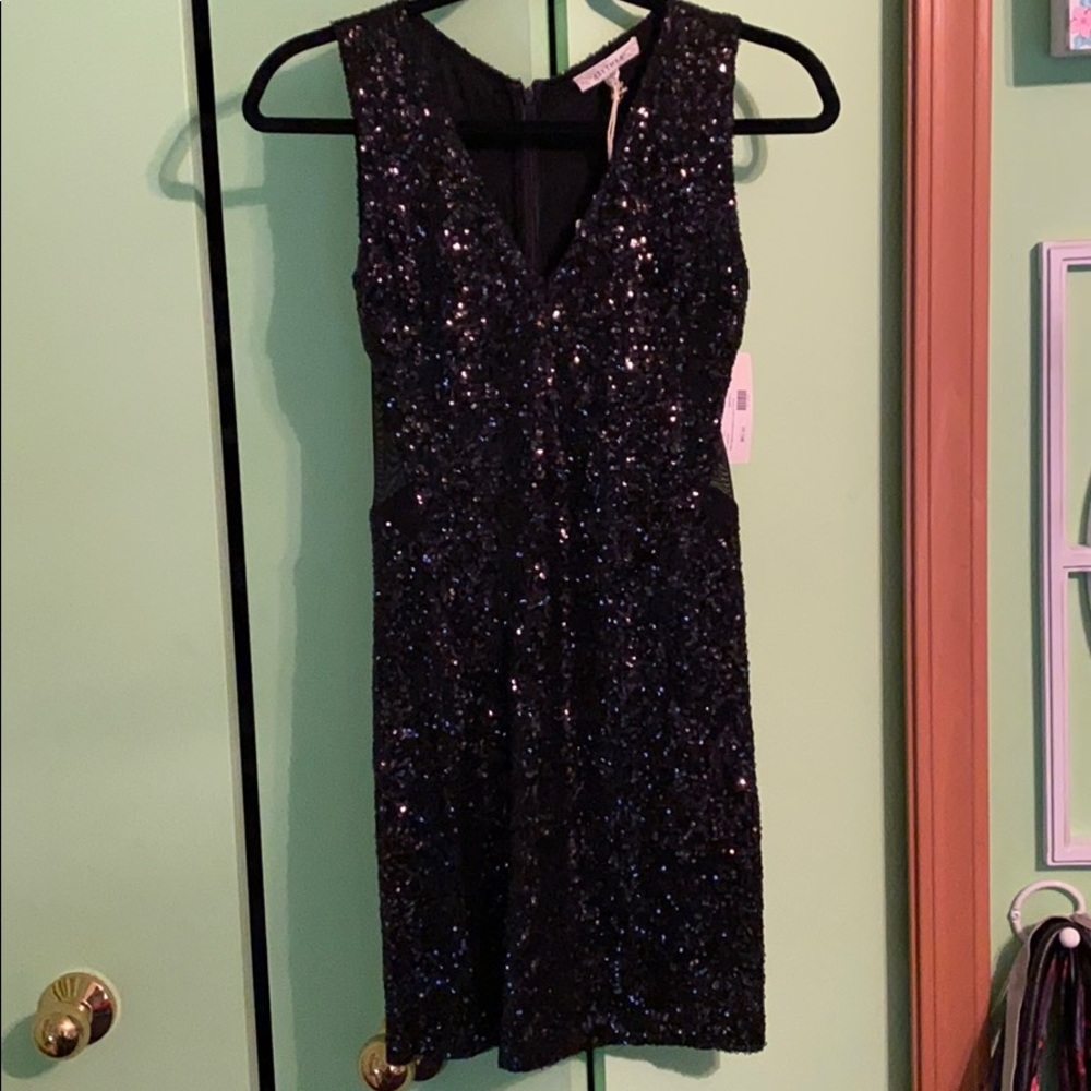 Alythea Black Sequin Bodycon Dress w/ CutOut Mesh